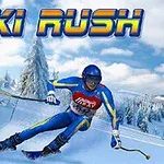 Hiihtäjä sinisessä puvussa laskee lumista rinnettä, taustalla lumisia puita ja teksti SKI RUSH