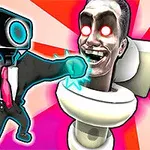 Pukuun pukeutunut hahmo, jolla on robottipää, nyrkkeilee wc-istuimesta nousevaa ihmispäätä, jolla on hehkuvat punaiset silmät