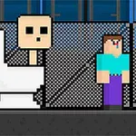 Pixeloitu kuva, jossa on hahmo wc-pöntöllä, yksi sinisessä paidassa ja toinen mustassa puvussa