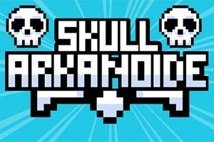 Kuvassa on sinisellä taustalla pikselöity teksti SKULL ARKANOID, jota ympäröivät kaksi pixelöityä pääkalloa