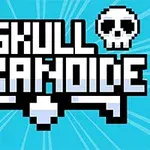 Kuvassa on sinisellä taustalla pikselöity teksti SKULL ARKANOID, jota ympäröivät kaksi pixelöityä pääkalloa