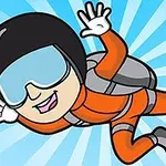 Piirroshahmo laskuvarjohyppääjä oranssissa puvussa ja kypärässä hymyilee sinistä taustaa vasten