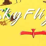 Kuvassa on keltainen tausta, jolla lentää punainen lintu siivet levitettynä, ja sen yläpuolella lukee teksti Sky Flight