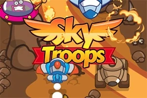 Sarjakuvamainen taustakuva, jossa keskellä lukee Sky Troops värikkäiden lentokoneiden ja liekkien ympäröimänä