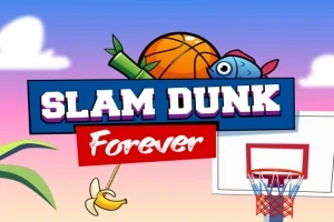 Koripallo ja kalaa muistuttava hahmo koripallokentällä, värikkäällä taustalla, jossa lukee “Slam Dunk Forever”
