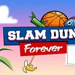 Koripallo ja kalaa muistuttava hahmo koripallokentällä, värikkäällä taustalla, jossa lukee “Slam Dunk Forever”