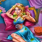 Prinsessa istuu sängyllä yllään sininen mekko, ja ympärillä on hoitotarvikkeita