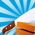 Veitsi viipaloi paksua oranssia kappaletta siniraidallisella taustalla