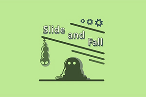 Vihreällä taustalla on yksinkertainen piirros olennosta ja pyörivistä esineistä, tekstillä Slide and Fall