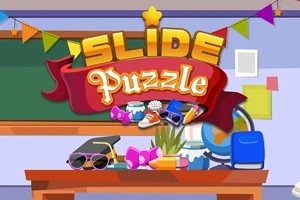 Koristeellinen luokkahuone, jossa on liitutaulu, viirejä, pöytä koulutarvikkeilla ja värikäs Slide Puzzle -teksti