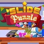 Koristeellinen luokkahuone, jossa on liitutaulu, viirejä, pöytä koulutarvikkeilla ja värikäs Slide Puzzle -teksti
