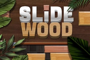 Puupintainen liukupalapeli, jossa lukee suurilla kirjaimilla SLIDE WOOD ja ympärillä vihreitä lehtiä