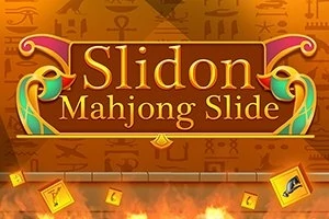 Ruskealla taustalla on kirjainlaattoja ja egyptiläistyylisiä symboleja, keskellä teksti Slidon Mahjong Slide
