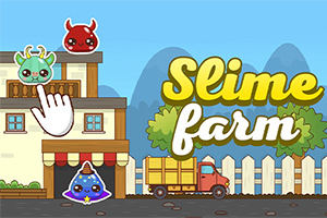 Piirroskuva, jossa on sininen tausta, vihreä ja punainen hahmo rakennuksen katolla, käsikuvake, kuorma-auto, aita sekä teksti Slime Farm