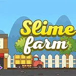 Piirroskuva, jossa on sininen tausta, vihreä ja punainen hahmo rakennuksen katolla, käsikuvake, kuorma-auto, aita sekä teksti Slime Farm