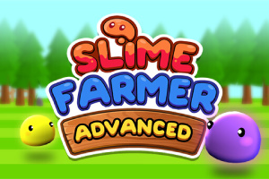 Keltaisia ja violetteja slimen kaltaisia hahmoja viheriöllä metsän edessä, ja kuvassa teksti Slime Farmer Advanced