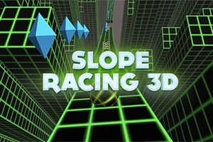 Vihreiden verkkomallien muodostama futuristinen ympäristö, jossa on otsikko Slope Racing 3D ja sinisiä kolmiomaisia muotoja