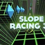 Vihreiden verkkomallien muodostama futuristinen ympäristö, jossa on otsikko Slope Racing 3D ja sinisiä kolmiomaisia muotoja