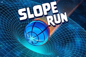 Sinisellä ruudullisella taustalla vierivä sininen pallo ja teksti Slope Run