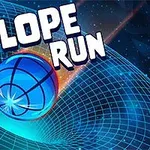 Sinisellä ruudullisella taustalla vierivä sininen pallo ja teksti Slope Run