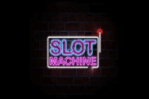 Neonvaloilla valaistu Slot Machine -teksti tummalla tiiliseinätaustalla