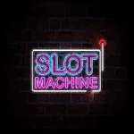 Neonvaloilla valaistu Slot Machine -teksti tummalla tiiliseinätaustalla