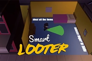 Ylhäältä kuvattu huone, jossa on sänky, ja varjo hahmosta, joka liikkuu valokeilan kanssa; tekstit steal all the items ja release moor to hide näkyvät