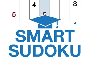 Sininen teksti SMART SUDOKU ja sininen valmistujaislakki valkoisella taustalla, jossa näkyy numeroruudukkoa