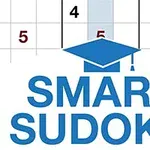 Sininen teksti SMART SUDOKU ja sininen valmistujaislakki valkoisella taustalla, jossa näkyy numeroruudukkoa
