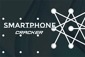 Tekstillä SMARTPHONE CRACKER varustettu kuva, jossa on monimutkainen valkoisten viivojen ja pisteiden verkko tummalla taustalla