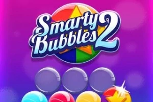 Värikäs suunnitteluelementti, jossa on sana Smarty Bubbles 2 violetilla taustalla ja kuplia alareunassa
