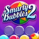 Värikäs suunnitteluelementti, jossa on sana Smarty Bubbles 2 violetilla taustalla ja kuplia alareunassa
