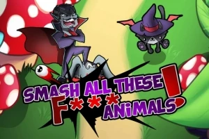 Piirros, jossa on vampyyri ja noidan hattua käyttävä kissa, sekä teksti Smash All These F*** Animals!