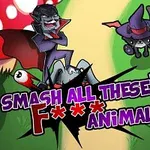Piirros, jossa on vampyyri ja noidan hattua käyttävä kissa, sekä teksti Smash All These F*** Animals!