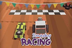 Kaksi piirrettyä autoa lähtöviivalla radalla, jonka yläpuolella on värikäs lippunauha ja alhaalla lukee Smashy Racing