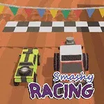 Kaksi piirrettyä autoa lähtöviivalla radalla, jonka yläpuolella on värikäs lippunauha ja alhaalla lukee Smashy Racing