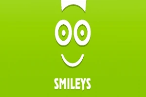 Vihreällä taustalla yksinkertainen valkoinen hymyilevä naama ja alla teksti SMILEYS