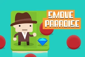 Mies cartoonihahmona ruskeassa hatussa seisoo vihreällä laatalla, jonka vieressä on sininen timantti ja punaisia palloja, oikeassa yläkulmassa on teksti Smove Paradise