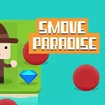 Mies cartoonihahmona ruskeassa hatussa seisoo vihreällä laatalla, jonka vieressä on sininen timantti ja punaisia palloja, oikeassa yläkulmassa on teksti Smove Paradise