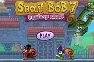 Etualalla kaksi piirrettyä etanaa, toinen ritaripuvussa, taustalla näkyy lohikäärmepeto ja keskellä on suuri PLAY-painike