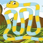 Keltainen ja sininen käärme kiemurtelee viidakkomaisemassa, jossa on sieniä, kasveja ja vuoria, päättyen kohtaan, jossa lukee finish
