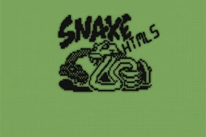 Mustavalkoinen pikselikuvitus käärmeestä vihreällä taustalla, jossa on teksti Snake ja HTML5