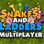 Vihreällä taustalla on otsikko Snakes and Ladders Multiplayer, ympärillä on värikkäitä tikkaita ja sarjakuvahahmoja