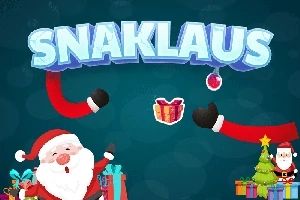 Joulupukki iloisessa ympäristössä, lahjojen ja joulukuusen ympäröimänä, taustalla teksti Snaklaus