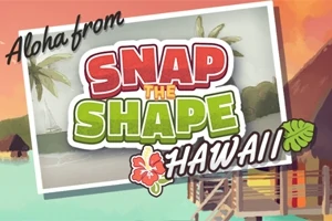 Postikortti, jossa on teksti Aloha from Snap the Shape Hawaii, taustalla ranta, palmuja ja mökki