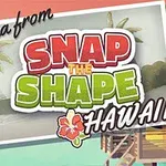 Postikortti, jossa on teksti Aloha from Snap the Shape Hawaii, taustalla ranta, palmuja ja mökki