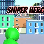 Vihreä hahmo tähtää katolla seisovaa hahmoa vasten kaupungin värikkäitä rakennuksia, tekstillä Sniper Hero