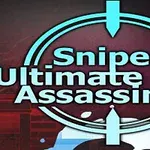 Sinisellä tähtäimellä korostettu teksti, jossa lukee Sniper Ultimate Assassin 2 tummalla taustalla