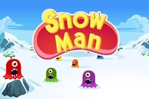 Värikkäitä, yksisilmäisiä otuksia lumisessa vuoristomaisemassa tekstin Snow Man alla