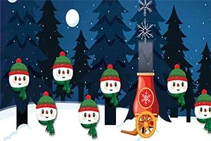 Luminen metsätausta, jossa puussa koristeellisia lumipalloja, ja punakultainen tykki ampuu lumihiutaleita